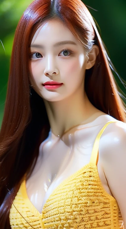 perfect figure beautiful woman：1.4，Layered Hair Style，Protruding cleavage，Pink two-dimensional clothing：1.5，Highly Detailed Face and Skin Textur，double eyelid，Whiten the skin，orage red long whitr hair，playing water，Collar, golden green eyes, bambi eyes