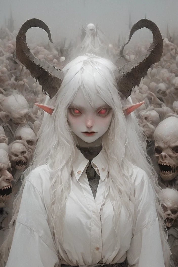 Selfie in gigantic tits, albino demon girl with lethargic and sleepy smoky eyes, straight hair with white bangs, bug eyes, antenna, ((open collar shirt showing gigantic tits:1.25)), ((gigantic tits)), ((underboobs)), (small horns: 1.2) best quality, highest quality, extremely detailed CG unity 8k wallpaper, detailed and intricate, horizontal body, ((wet clothes)),