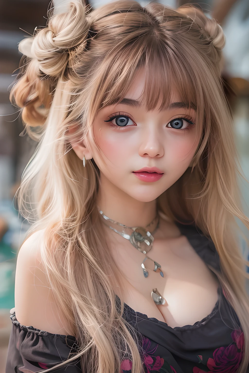 (masterpiece), (hyper-realistic), (detailed features), ((hyper realistic)), (Best quality, 8k, 32k, raw photo, real life, photorealistic, UHD:1.2),11girl, solo, long hair, breasts, looking at viewer, blush, smile, bangs, blonde hair, large breasts, red eyes, cleavage, bare shoulders, jewelry, closed mouth, collarbone, swimsuit, upper body, bikini, multicolored hair, earrings, indoors, gradient hair, piercing, floral print, ear piercing, string bikini, strap slip, gyaru, print bikini, colored tips, barbell piercing, industrial piercing, kitagawa marin, (hyper-realistic girl), (illustration), (high resolution), (extremely detailed), (best illustration), (beautiful detailed eyes), (best quality), (ultra-detailed), (masterpiece), (wallpaper), (photorealistic), (natural light), (rim lighting), (detailed face), (high detailed realistic skin face texture), (anatomically correct), (perfect hands), (correct fingers), (heterochromic eyes), (detailed eyes), (sparkling eyes), (dynamic pose), (loose hair:1.35), looking to viewers,Extremely Realistic,