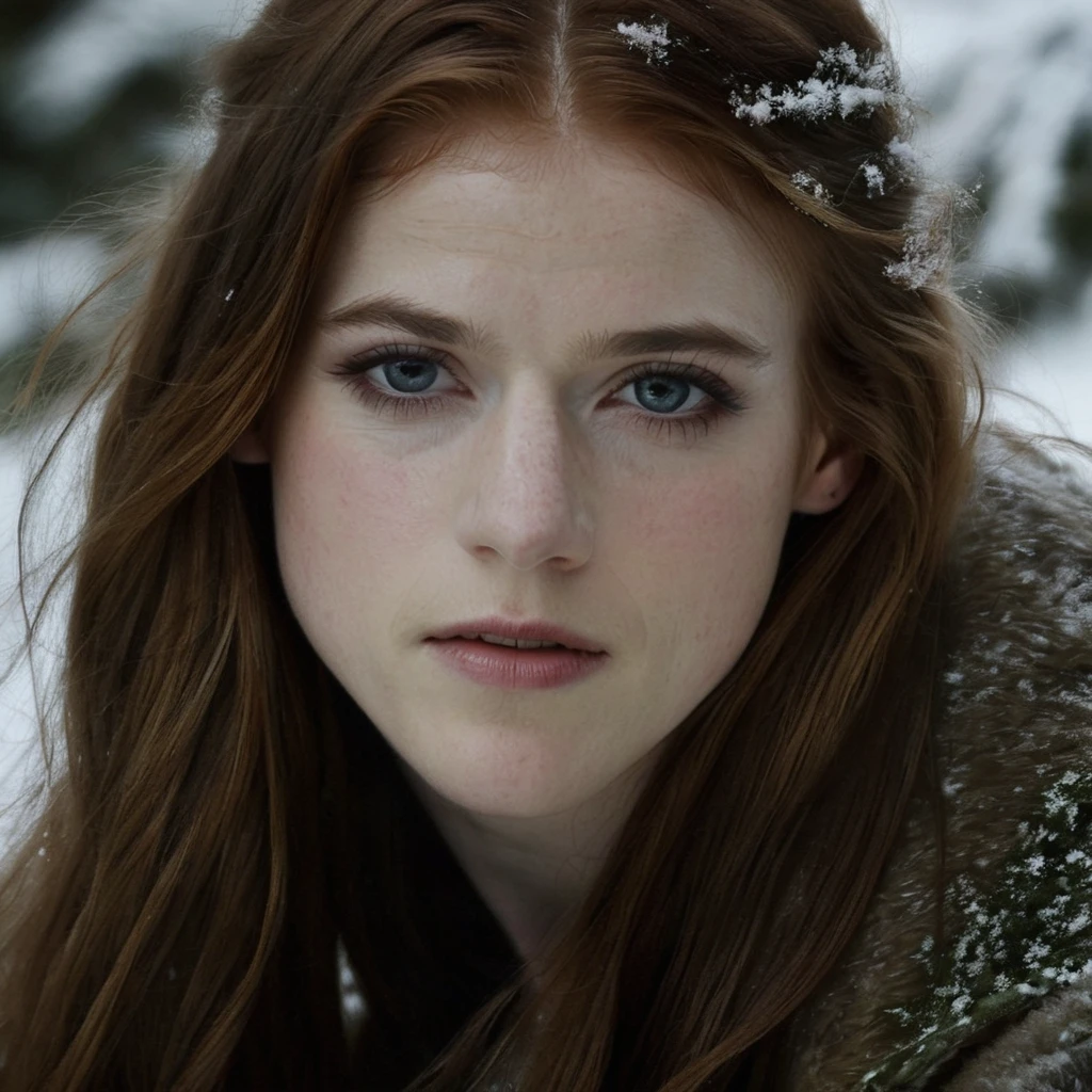 rose_leslie, long hair, fall vegetation, abandoned threads, pagan priestess, winter, snow, looking at viewer, grunge art, dramatic atmosphere, fog, dim light, muted colors, ((perfect eyes, detailed eyes,realistic eyes)), ((sharp face, detailed face, realistic face, naturtal skin, realistic skin, detailed skin, pores))