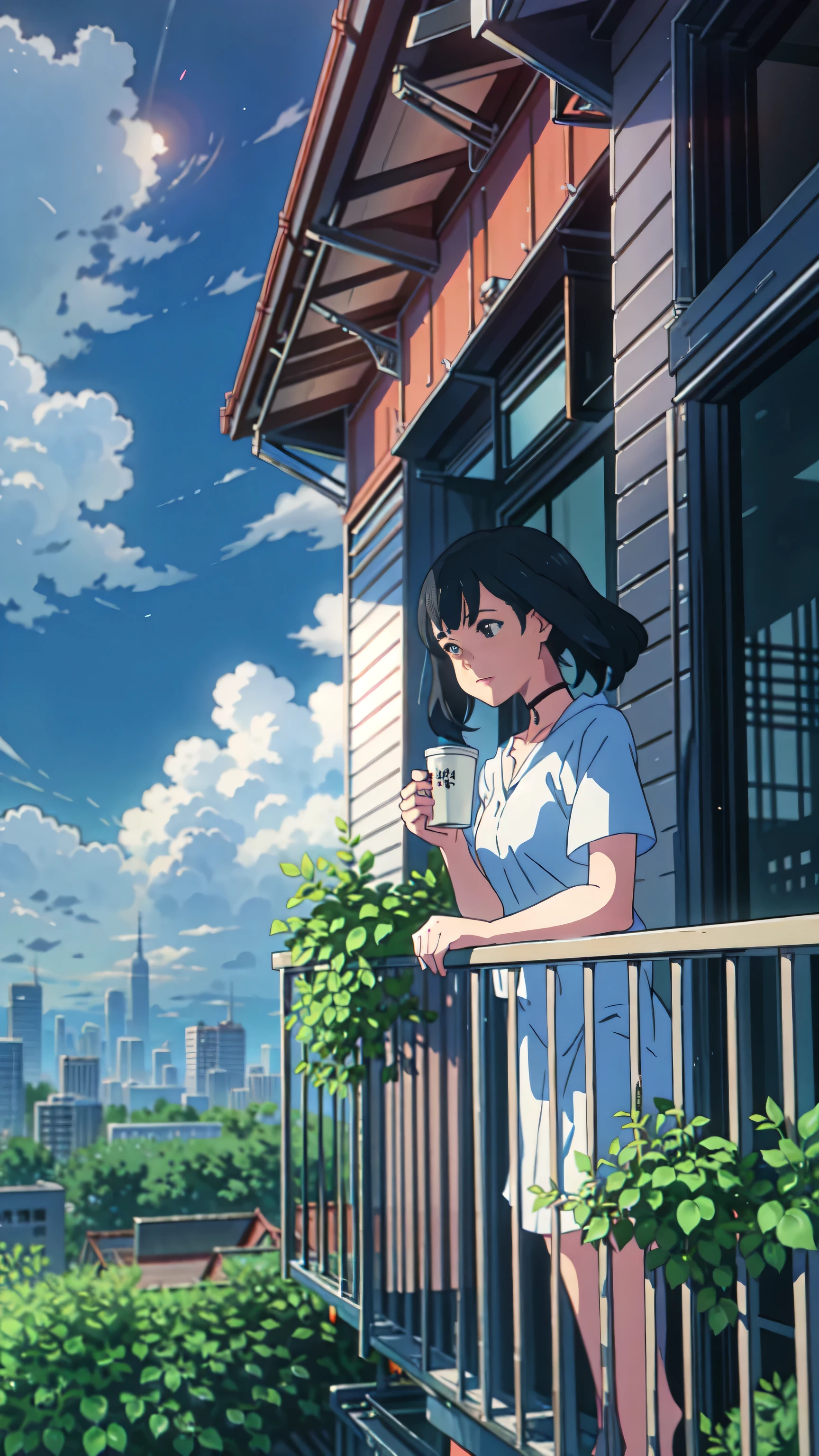 Girl standing on balcony with coffee in hand, cgsociety 9, Chill Hop,  Trends in CggSociety ,  Makoto Shinkai and Art Garm , lofi girl style aesthetic, anime scenery, makoto shinkai and (cain kuga), Lo-fi, anime scenery, Anime Nature, Roof Background, Anime Wallpaper