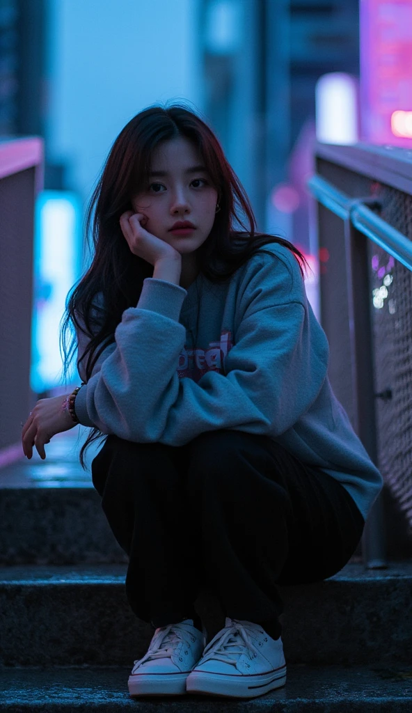 girl, wavy hair, big eyes, sweatshirt, black sweatpants, sneakers, bracelet, sitting on stairs, after rain, blue and purple neon, between skyscrapers.