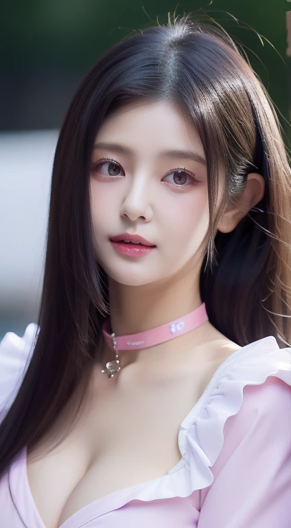 perfect figure beautiful woman：1.4，Layered Hair Style，Protruding cleavage，Pink two-dimensional clothing：1.5，Highly Detailed Face and Skin Textur，double eyelid，Whiten the skin，white long whitr hair，playing water，Collar, purple lilac eyes, bambi eyes