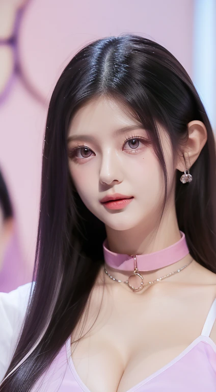 perfect figure beautiful woman：1.4，Layered Hair Style，Protruding cleavage，Pink two-dimensional clothing：1.5，Highly Detailed Face and Skin Textur，double eyelid，Whiten the skin，white long whitr hair，playing water，Collar, purple lilac eyes, bambi eyes