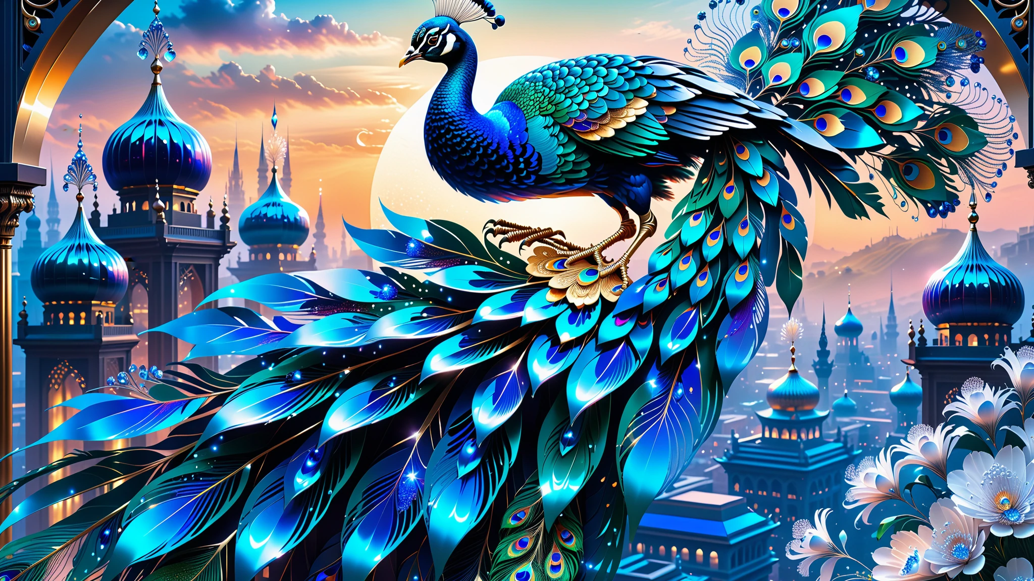 A Masterpiece In 32K Resolution, Supreme Quality, Super Detail, Official Art, Very High-Resolution 32K Wallpaper, Beautiful And Aesthetic, Ultra-Detailed Features, Awe-Inspiring Detail. A Celestial Peacock with Plumage That Shimmers Like Sapphires Spreads Its Radiant Feathers Across A Sky Of Crystal Spires And Silver Bridges. Its Body Glows With An Otherworldly Energy, Illuminating The Sleek Buildings Below. The Peacock's Ethereal Presence Contrasts Beautifully With The City’s Hard Angles And Metallic Hues, Adding A Sense Of Mystery To The Futuristic Scene.