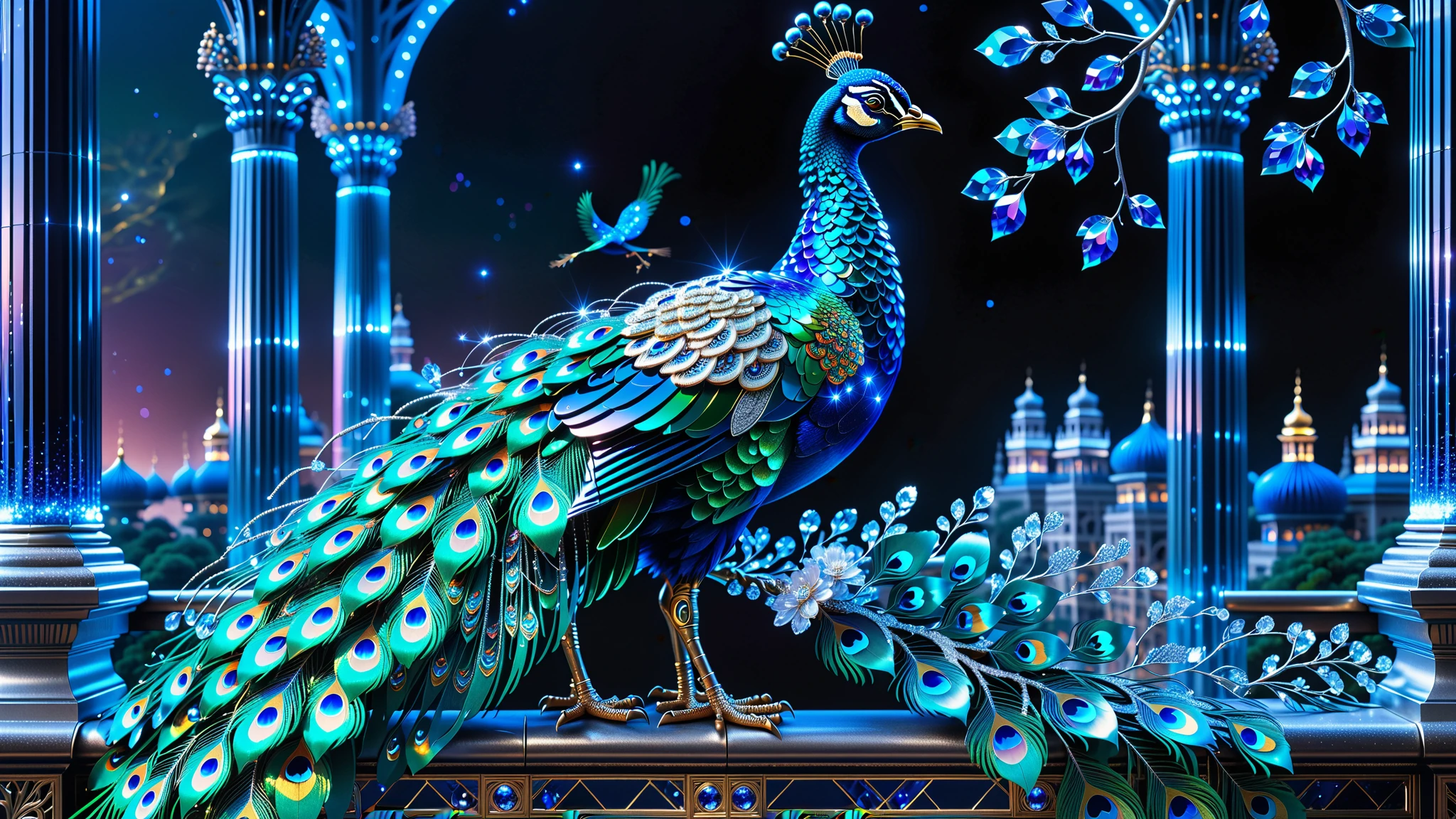 A Masterpiece In 32K Resolution, Supreme Quality, Super Detail, Official Art, Very High-Resolution 32K Wallpaper, Beautiful And Aesthetic, Ultra-Detailed Features, Awe-Inspiring Detail. A Celestial Peacock with Plumage That Shimmers Like Sapphires Spreads Its Radiant Feathers Across A Sky Of Crystal Spires And Silver Bridges. Its Body Glows With An Otherworldly Energy, Illuminating The Sleek Buildings Below. The Peacock's Ethereal Presence Contrasts Beautifully With The City’s Hard Angles And Metallic Hues, Adding A Sense Of Mystery To The Futuristic Scene.