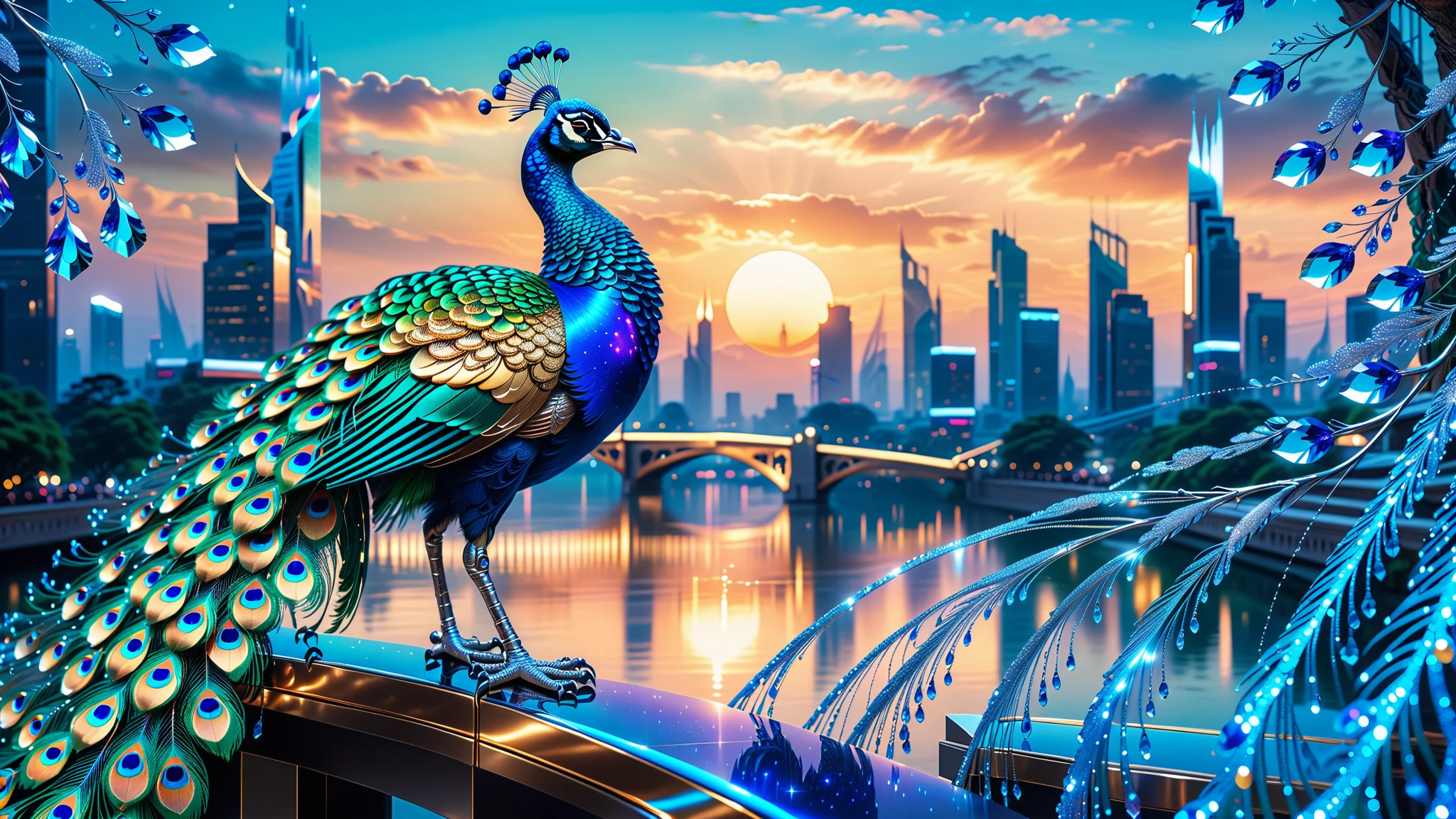 A Masterpiece In 32K Resolution, Supreme Quality, Super Detail, Official Art, Very High-Resolution 32K Wallpaper, Beautiful And Aesthetic, Ultra-Detailed Features, Awe-Inspiring Detail. A Celestial Peacock with Plumage That Shimmers Like Sapphires Spreads Its Radiant Feathers Across A Sky Of Crystal Spires And Silver Bridges. Its Body Glows With An Otherworldly Energy, Illuminating The Sleek Buildings Below. The Peacock's Ethereal Presence Contrasts Beautifully With The City’s Hard Angles And Metallic Hues, Adding A Sense Of Mystery To The Futuristic Scene.