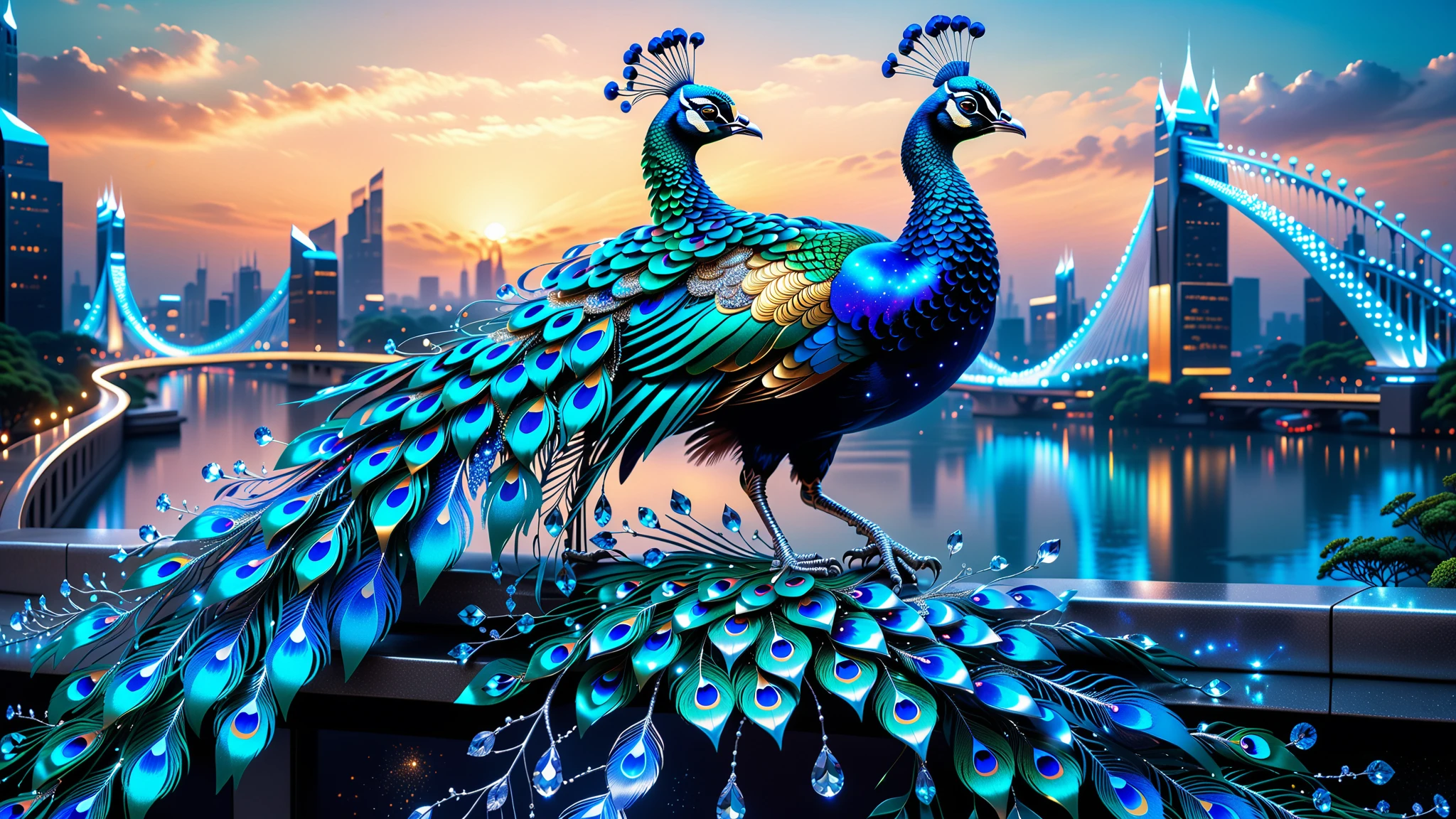 A Masterpiece In 32K Resolution, Supreme Quality, Super Detail, Official Art, Very High-Resolution 32K Wallpaper, Beautiful And Aesthetic, Ultra-Detailed Features, Awe-Inspiring Detail. A Celestial Peacock with Plumage That Shimmers Like Sapphires Spreads Its Radiant Feathers Across A Sky Of Crystal Spires And Silver Bridges. Its Body Glows With An Otherworldly Energy, Illuminating The Sleek Buildings Below. The Peacock's Ethereal Presence Contrasts Beautifully With The City’s Hard Angles And Metallic Hues, Adding A Sense Of Mystery To The Futuristic Scene.