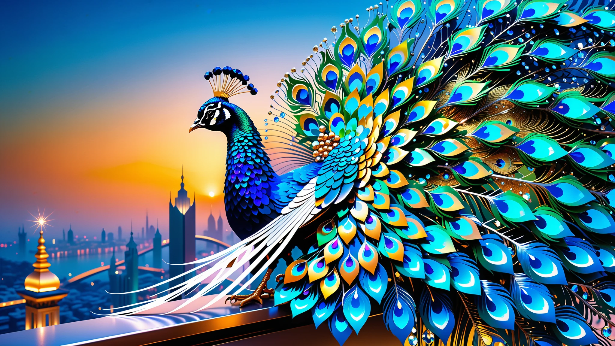 A Masterpiece In 32K Resolution, Supreme Quality, Super Detail, Official Art, Very High-Resolution 32K Wallpaper, Beautiful And Aesthetic, Ultra-Detailed Features, Awe-Inspiring Detail. A Celestial Peacock with Plumage That Shimmers Like Sapphires Spreads Its Radiant Feathers Across A Sky Of Crystal Spires And Silver Bridges. Its Body Glows With An Otherworldly Energy, Illuminating The Sleek Buildings Below. The Peacock's Ethereal Presence Contrasts Beautifully With The City’s Hard Angles And Metallic Hues, Adding A Sense Of Mystery To The Futuristic Scene.