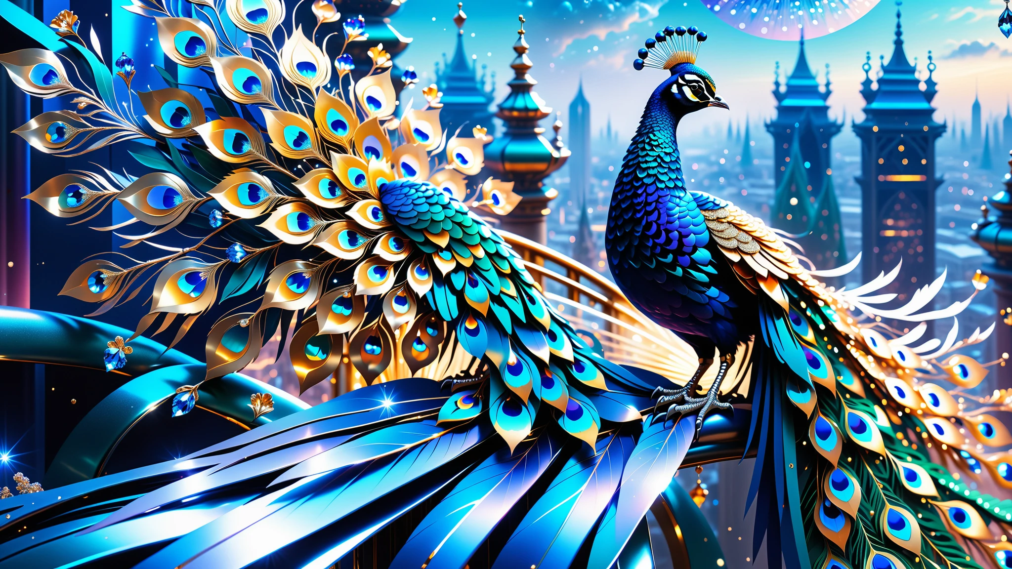 A Masterpiece In 32K Resolution, Supreme Quality, Super Detail, Official Art, Very High-Resolution 32K Wallpaper, Beautiful And Aesthetic, Ultra-Detailed Features, Awe-Inspiring Detail. A Celestial Peacock with Plumage That Shimmers Like Sapphires Spreads Its Radiant Feathers Across A Sky Of Crystal Spires And Silver Bridges. Its Body Glows With An Otherworldly Energy, Illuminating The Sleek Buildings Below. The Peacock's Ethereal Presence Contrasts Beautifully With The City’s Hard Angles And Metallic Hues, Adding A Sense Of Mystery To The Futuristic Scene.