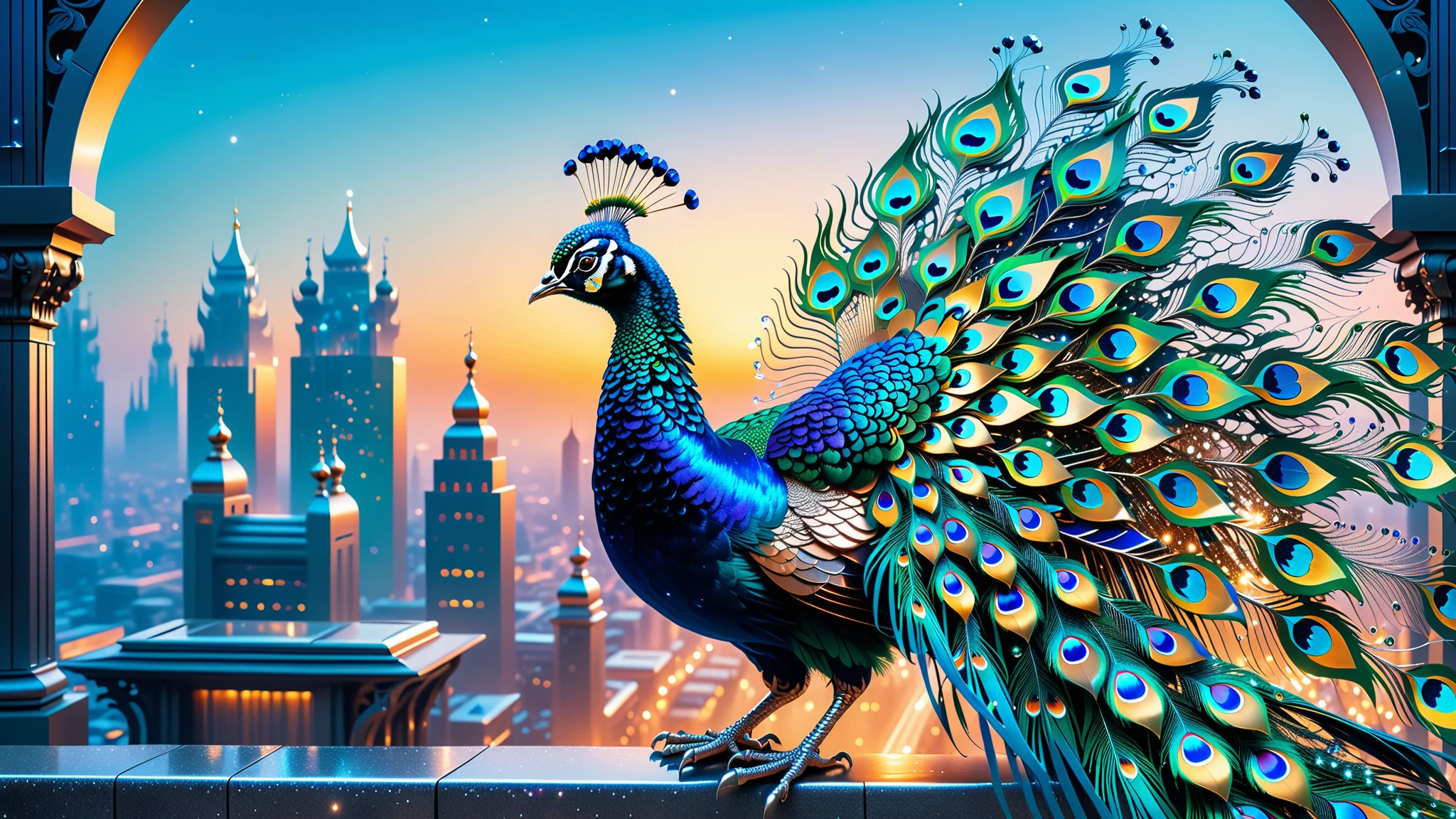 A Masterpiece In 32K Resolution, Supreme Quality, Super Detail, Official Art, Very High-Resolution 32K Wallpaper, Beautiful And Aesthetic, Ultra-Detailed Features, Awe-Inspiring Detail. A Celestial Peacock with Plumage That Shimmers Like Sapphires Spreads Its Radiant Feathers Across A Sky Of Crystal Spires And Silver Bridges. Its Body Glows With An Otherworldly Energy, Illuminating The Sleek Buildings Below. The Peacock's Ethereal Presence Contrasts Beautifully With The City’s Hard Angles And Metallic Hues, Adding A Sense Of Mystery To The Futuristic Scene.