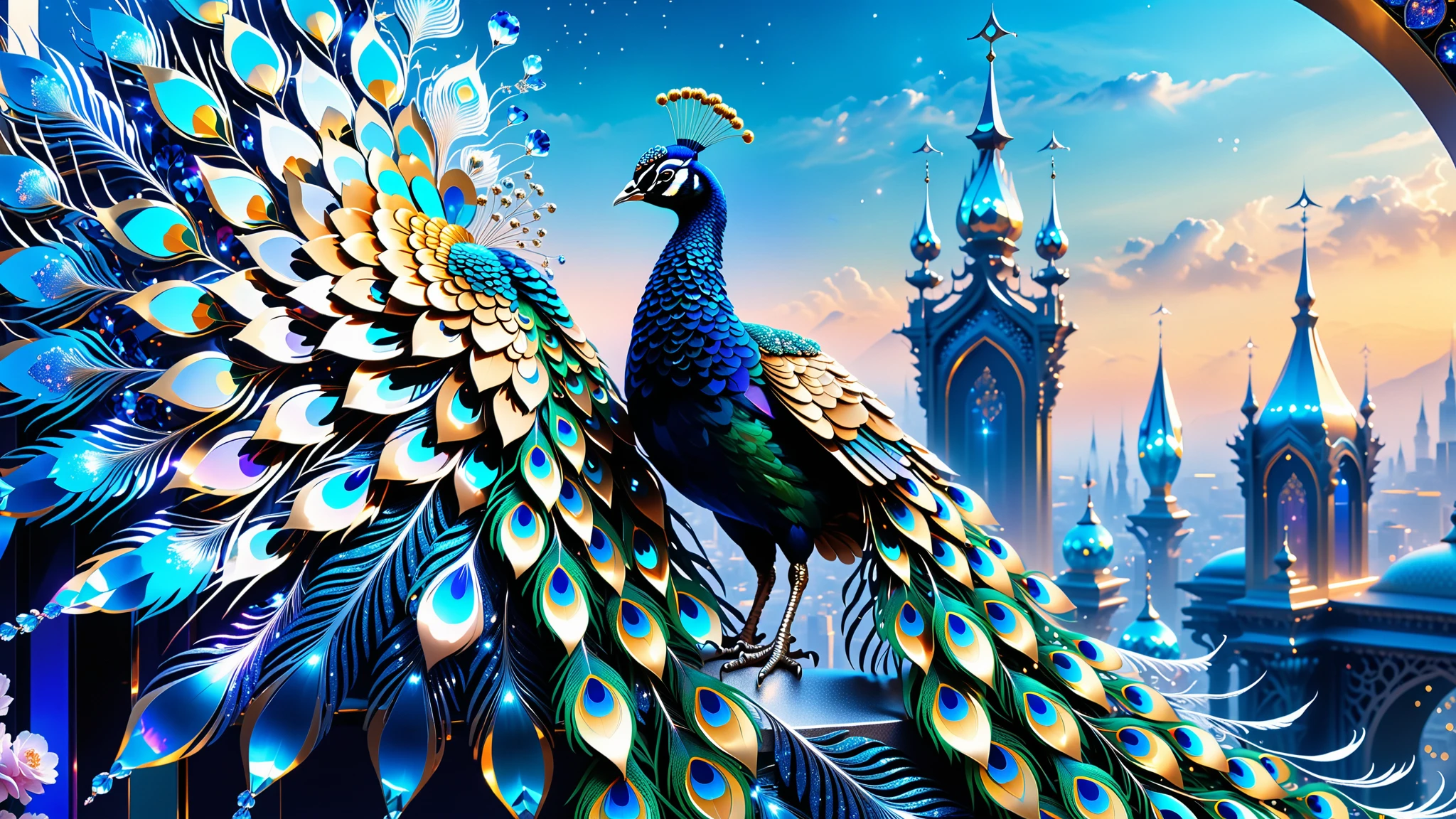 A Masterpiece In 32K Resolution, Supreme Quality, Super Detail, Official Art, Very High-Resolution 32K Wallpaper, Beautiful And Aesthetic, Ultra-Detailed Features, Awe-Inspiring Detail. A Celestial Peacock with Plumage That Shimmers Like Sapphires Spreads Its Radiant Feathers Across A Sky Of Crystal Spires And Silver Bridges. Its Body Glows With An Otherworldly Energy, Illuminating The Sleek Buildings Below. The Peacock's Ethereal Presence Contrasts Beautifully With The City’s Hard Angles And Metallic Hues, Adding A Sense Of Mystery To The Futuristic Scene.