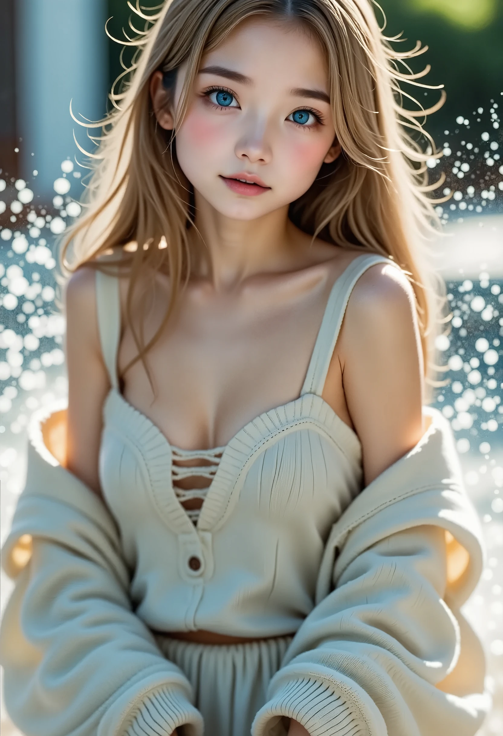 (((background、backgroundに水しぶき、 spray paint effect with splashes of water on background, Hiroshige Utagawa)))、break、 RAW Photos、 Realistic Picture 、 realistic 、 one girl playing pranks、Long Hair、Model pose、 small breasts、Super cute、An ennui look