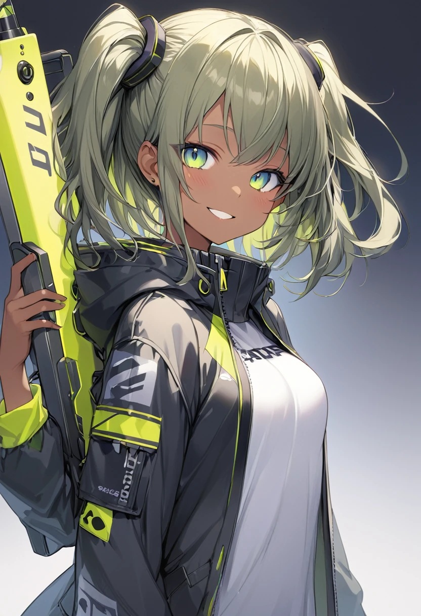 masterpiece, best quality, score_9, score_8_up, girl, dark skin, smile, jacket, petite,