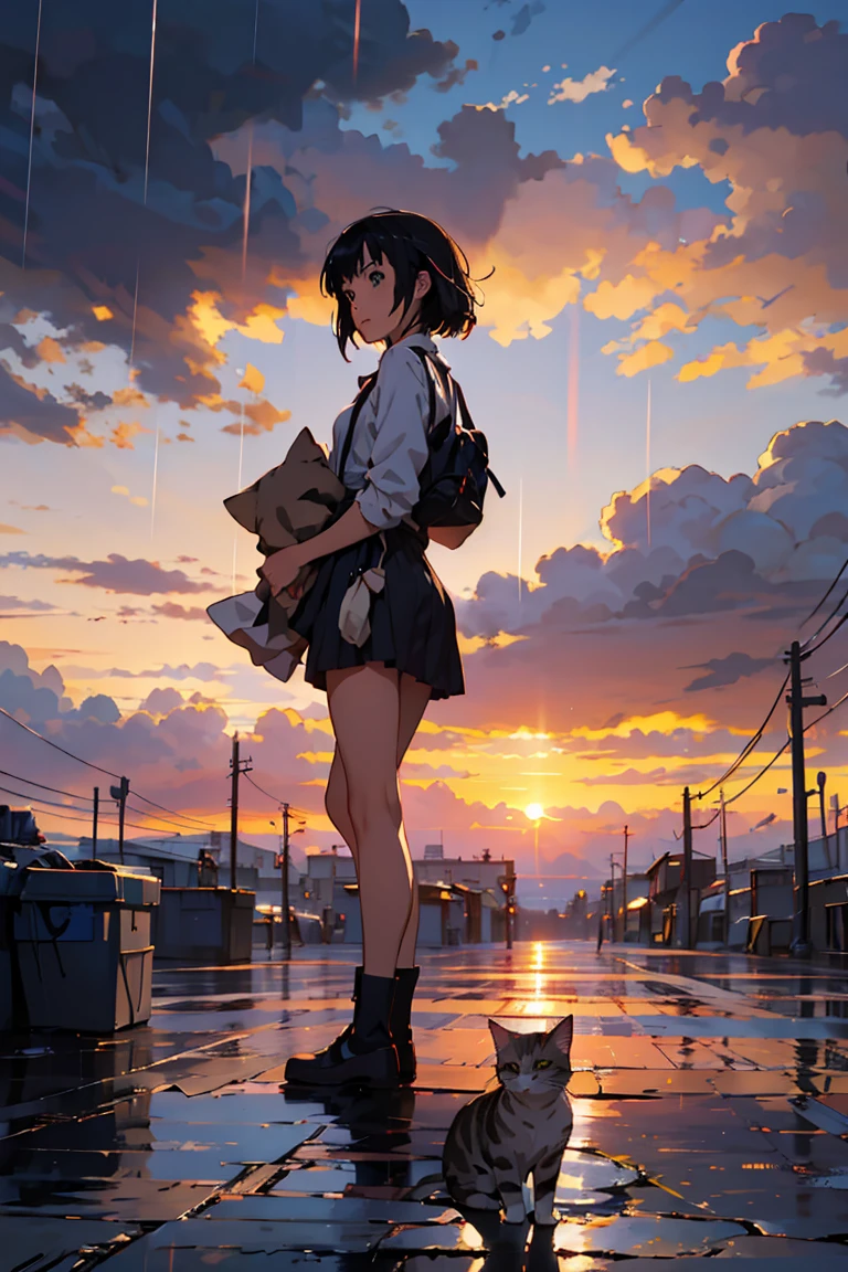 Best Quality, Beautiful vast plains, rich, cat, Earth, Office District ( girl), cloud, sunset, Sudden Rain, Attachment Platform, Makoto Shinkai、Evening sky、