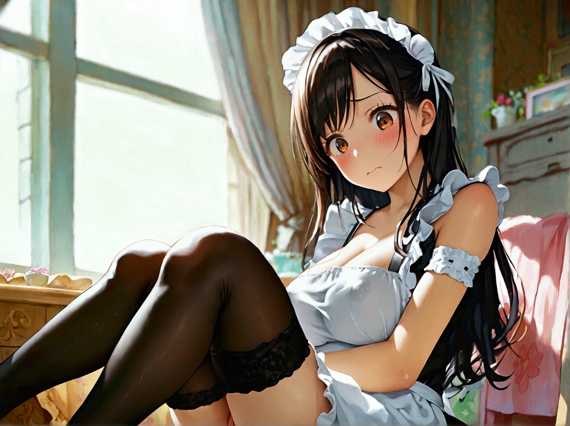 1 girl, maid, sitting, frilled socks, from below, soles, embarrassed, masterpiece, best quality, uncensored, costume nudity, big breasts, detailed nipples, pussy, long hair, no bra, no panties, exposed body, slim body, anime art style, 8K, computer wallpapers