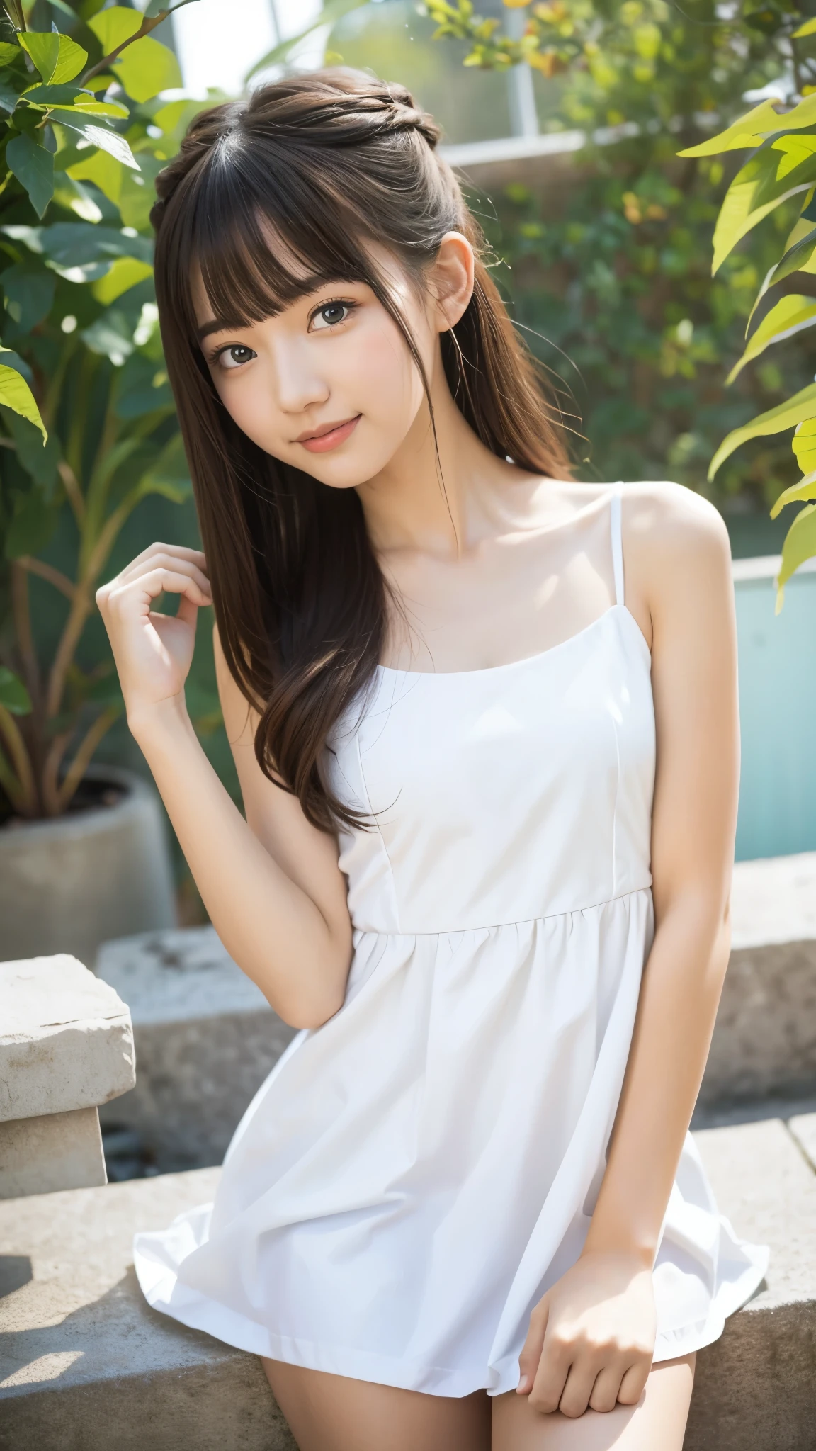  female , Small and slender figure,  slender body line, beautiful girl, Baby Face, ((An expret is about to surprise)), Best Quality, 8k,  RAW Photos,  ultra-fine, (Detailed hands:1.3, Perfectly right move, Small hands), ( detailed eyes and faces that resist tentacles:1.2, Professional photography), Beautiful small face,  beautiful eyes, High nose, Moisturizing Lips:1.2, ((cute plain white dress)), ((Cute hairstyle)), (( two side up ))