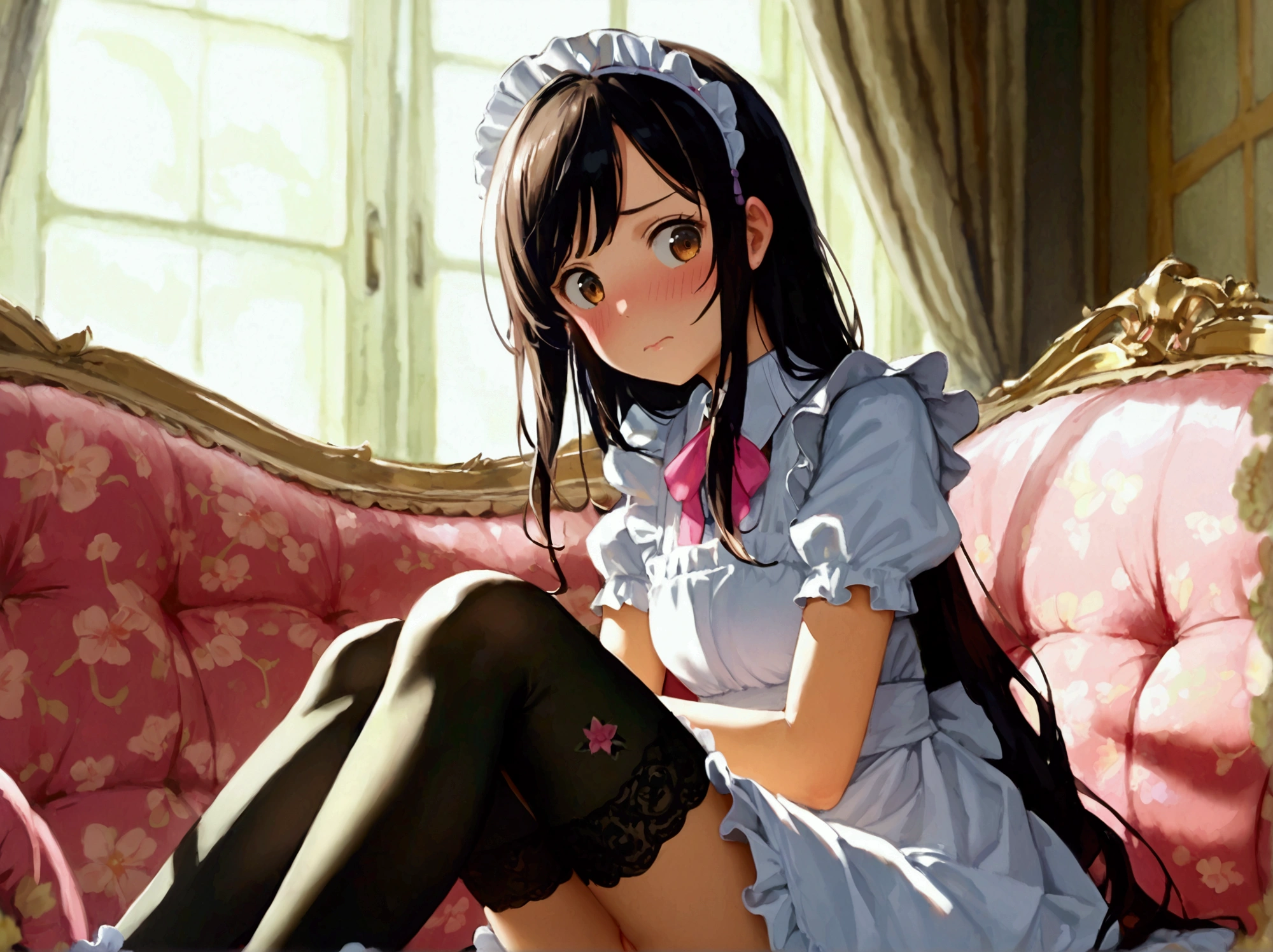 1 girl, maid, sitting, frilled socks, from below, soles, embarrassed, masterpiece, best quality, uncensored, costume nudity, big breasts, detailed nipples, pussy, long hair, no bra, no panties, exposed body, slim body, anime art style, 8K, computer wallpapers