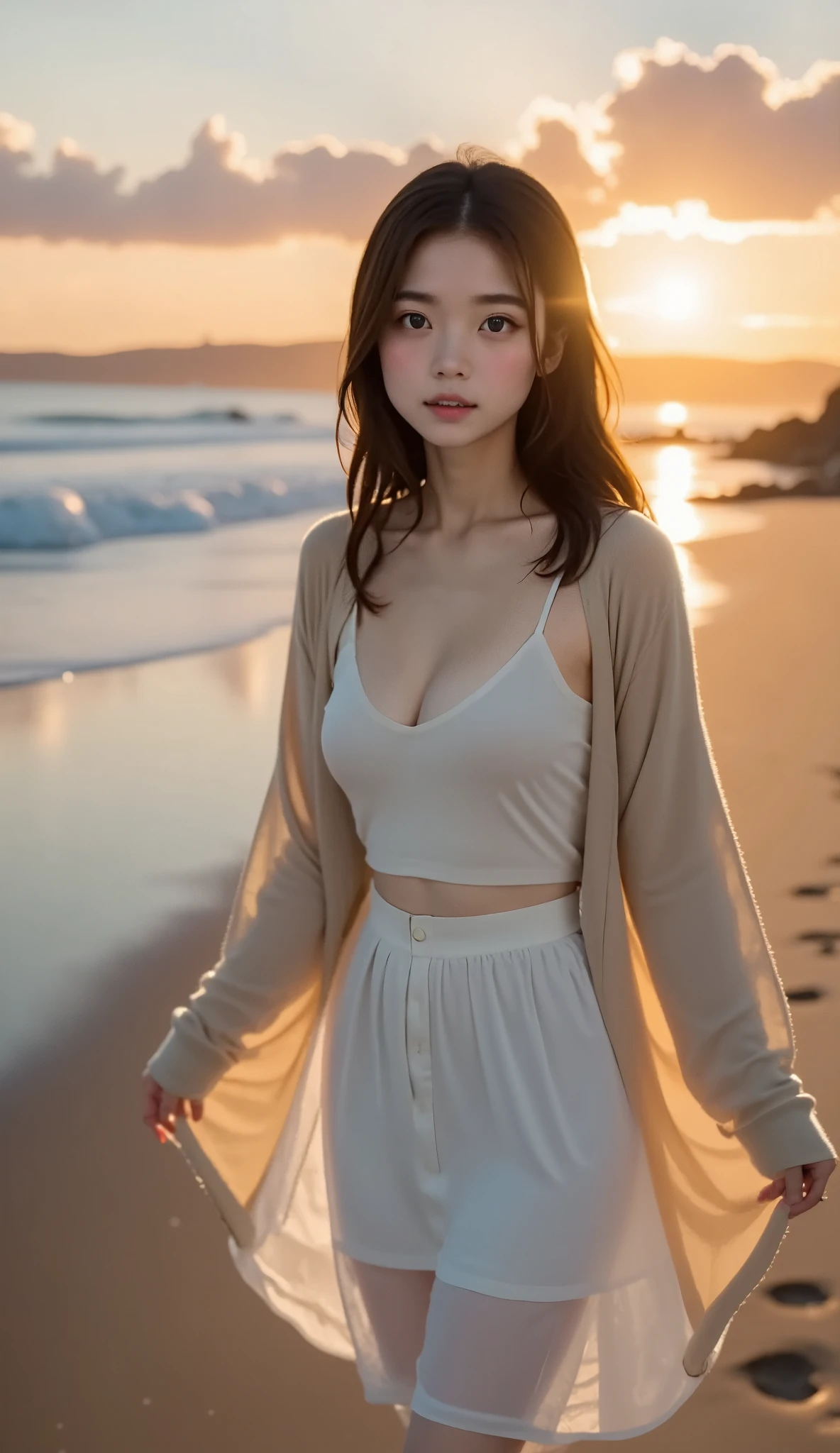 Best Quality、masterpiece、 one girl playing pranks、Cute face、shy:0.2、Small Nose、Fuller lips、 white camisole、Beige long sleeve cardigan、 long white skirt 、barefoot、 High Definition Face and Skin Texture 、 small face、 small breasts、walk、break、Summer Night、walk along the beach、sunset、Afternoon Sun、Orange Sky、Scarlet Cloud、silence、evening、Wabi-sabi art、Movie angle、Inspirational Works、Summer Memories