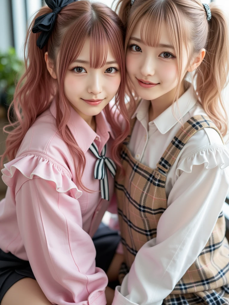 (2 girls:1.3),(beautiful portrait of 2 women:1.25), (top quality, masterpiece:1.2), (realistic:1. 2), 16K, absurd, beautiful eyes, (girl 1 has (gold, pink hair, two-tone), black ribbon , very long hair , uniform, thigh straps, sweater vest, plaid skirt, knee-high socks, pleated skirt)), (girl 2 is (mine, cross lace dress, pink shirt, long sleeves, puff sleeves, blond hair, side ponytail, fair skin)), (hugging: 1.2), ( (seductive smile: 1.2), (dynamic lighting), very detailed, (close-up: 1.1), attractive photo of two Japanese women,