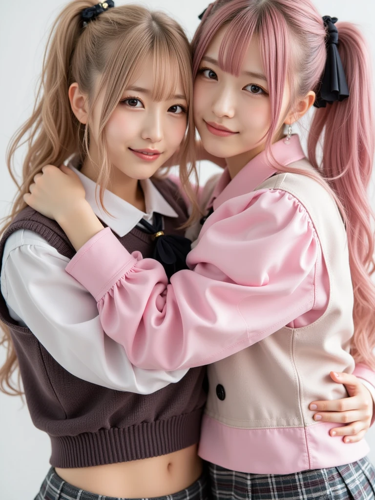 (2 girls:1.3),(beautiful portrait of 2 women:1.25), (top quality, masterpiece:1.2), (realistic:1. 2), 16K, absurd, beautiful eyes, (girl 1 has (gold, pink hair, two-tone), black ribbon , very long hair , uniform, thigh straps, sweater vest, plaid skirt, knee-high socks, pleated skirt)), (girl 2 is (mine, cross lace dress, pink shirt, long sleeves, puff sleeves, blond hair, side ponytail, fair skin)), (hugging: 1.2), ( (seductive smile: 1.2), (dynamic lighting), very detailed, (close-up: 1.1), attractive photo of two Japanese women,