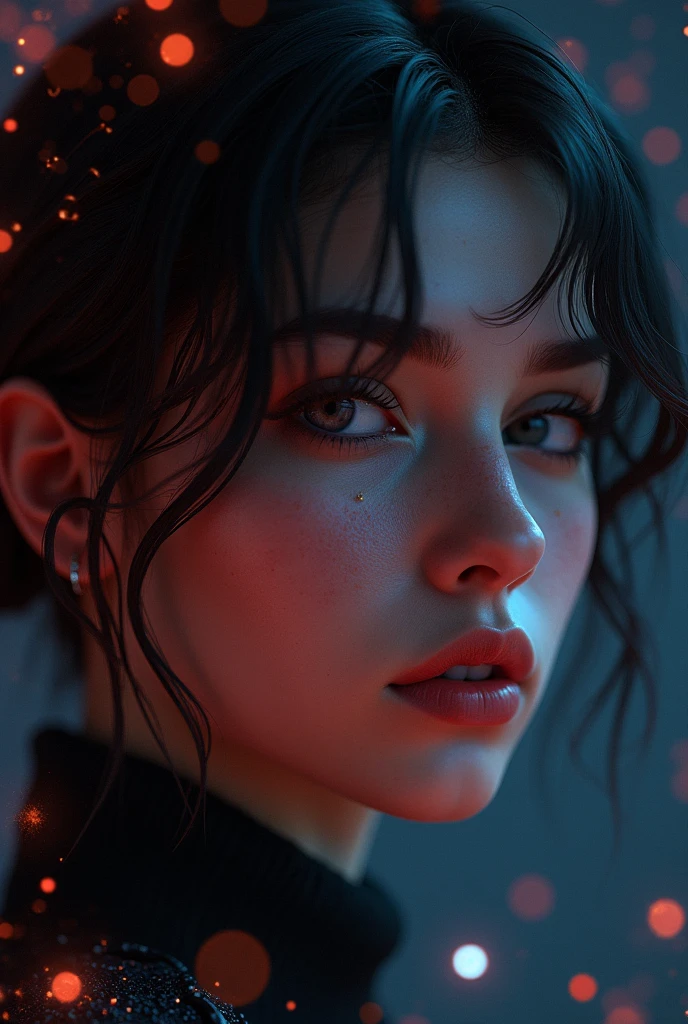 masterpiece, best quality, (extremely detailed CG unity 8k wallpaper, masterpiece, best quality, ultra-detailed, best shadow), (detailed background), (beautiful detailed face, beautiful detailed eyes), High contrast, Realistic woman, frecles, (best illumination, an extremely delicate and beautiful), short hair, hair ornament, accessories, piercing, intricate background, colorful light_particles, space, dark background, WeeM