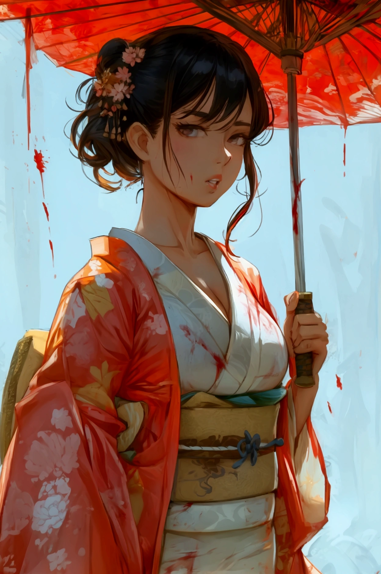 Solo,cleavage, haori, thick thighs, outstanding details, blood,big breasts , moon , kimono, parted lips, katana, standing up,huge boobs,big ass