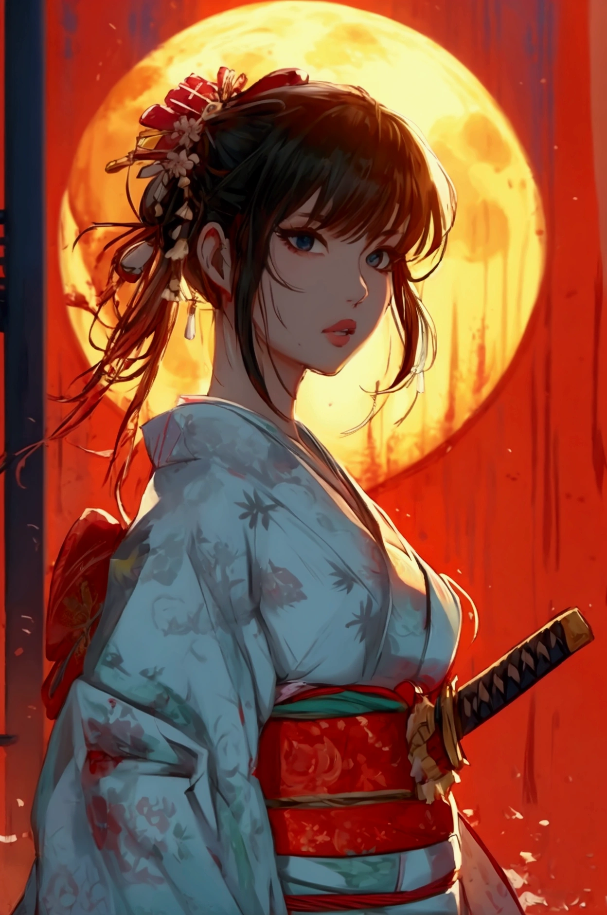 Solo,cleavage, haori, thick thighs, outstanding details, blood,big breasts , moon , kimono, parted lips, katana, standing up,huge boobs,big ass