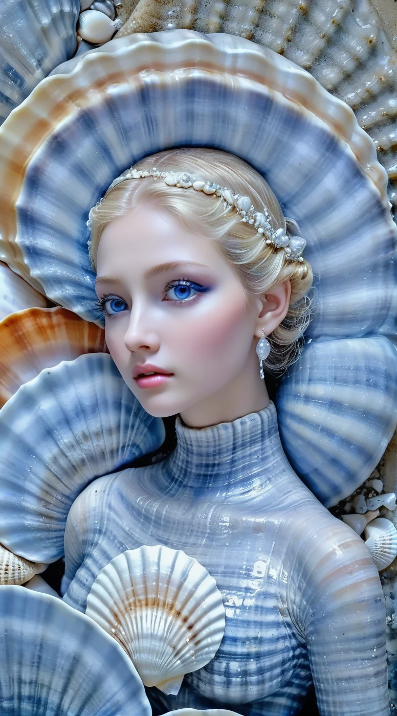 rk-shells in the heavenly sanctuary of seashell cathedral ,  surreal goddesses with liquid silver eyes adorn the sacred space,  embodies the mystery hidden in the swirls of bluish waves .