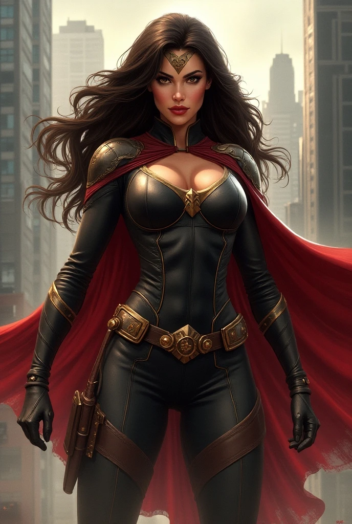 best quality, masterpiece, realistic, (from below:1.3), beautiful woman, black hair, assassin, black leather outfit, sexy, intricate, highly detailed, night, dark, BREAK, (wind blow:1.2), (windy), (flowing wild red cape:1.3), (flowing wild hair, intricate cloth shape),  BREAK, smoke foreground, atmospheric fog, blue and red sky, cloudy, dramatic scenery, wild detailed background, dense light rays, ambient light, moody lighting, cowboy shot, (heroic stance), face focus, action line, splash art, blood splatter, (intricate detailed particles), lens flare, epic artistic