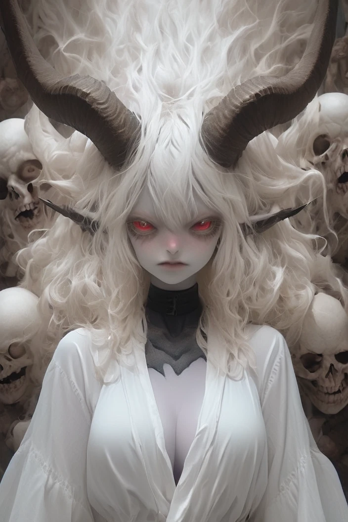 image from above, Selfie in gigantic tits, albino demon girl with lethargic and sleepy smoky eyes, straight hair with white bangs, bug eyes, antenna, ((open shirt exposed tits:1.25)), ((gigantic tits)), ((underboobs)), (small horns: 1.2) best quality, highest quality, extremely detailed CG unity 8k wallpaper, detailed and intricate, horizontal body,