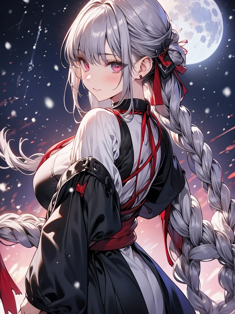 Highest quality, Ultra-high resolution, (Realistic: 1.4), beautiful red Eyes, Super beautiful, beautiful, Warrior, Japanese style, Black tones、Dance、beautiful Soldier, Eyes that beckon, Mistress point of view, Attractive look, Sexy smile, ((silver Hair、Updo Hair:1.4))、Perfect Style, Perfect balance, Detailed skin, Mischievous Gaze,,(beautiful background、snow、moon:1.4)　