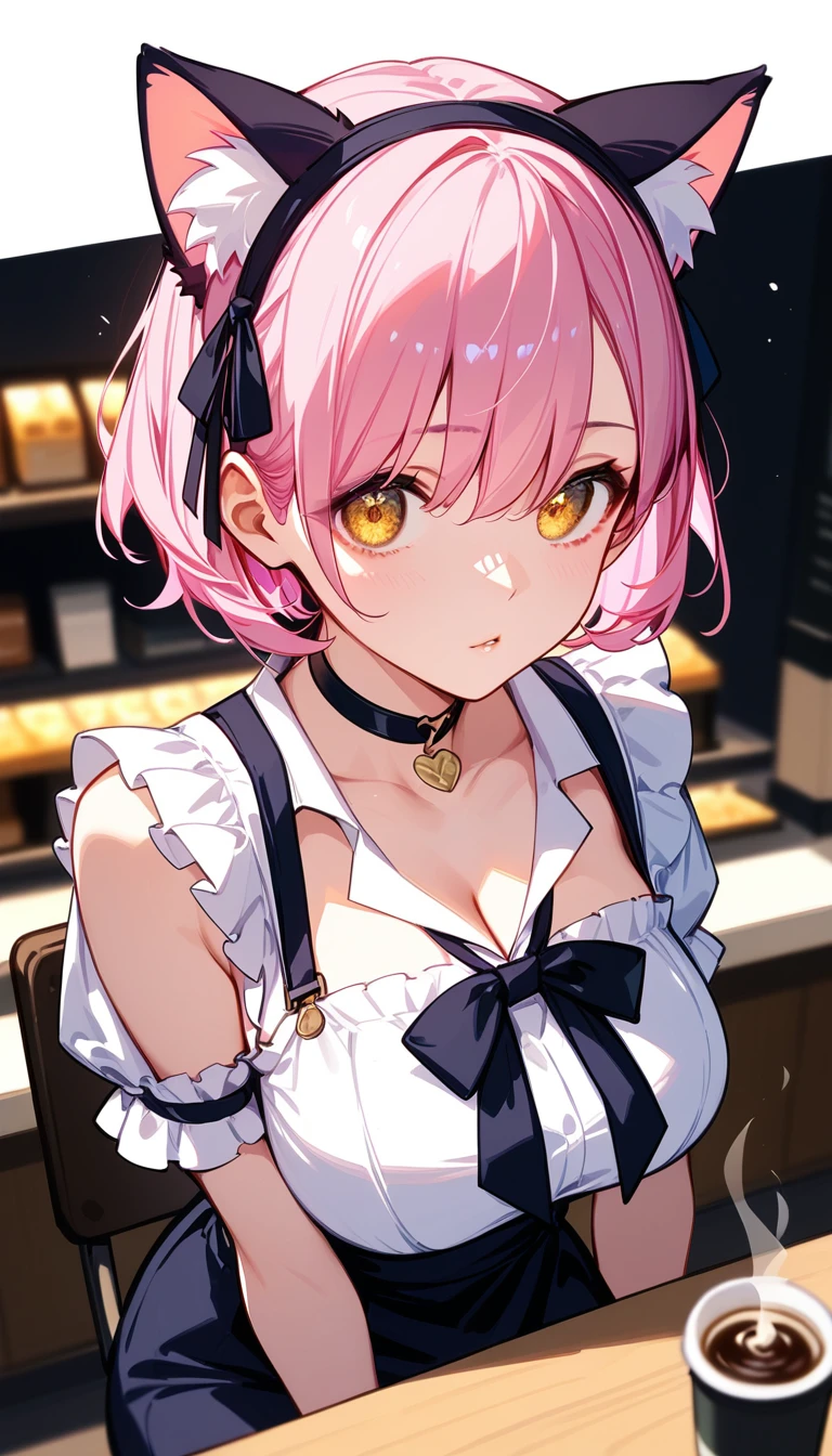  High image quality 、high quality、 one girl playing pranks、 pink hair、 short hair、 golden eyes、 big chest、 cleavage、Fisheye Lens、Shooting from above、 girl looking at camera 、 face up 、Looking up、 High Heels 、Cat ears、 maid clothes、 choker with small black ribbon、Coffee shop、 simple background