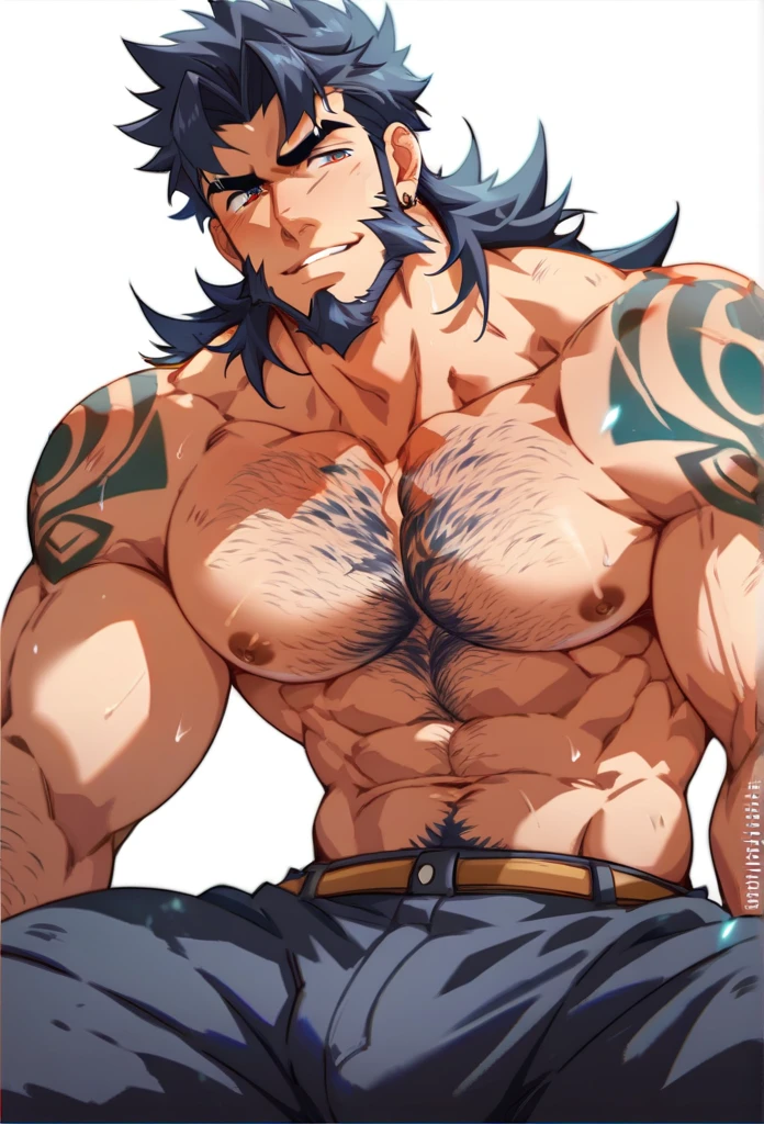 a bearded pirate naked in a gay muscle brothel, muscle, big chest, hairy, perfect anatomy, handsome, dirty, lewd expresión, big penis, tight pants, tattooed, brarded ,high details, muscle men ficking and drinking at background, anime version, hgh resolution, high quality, masterpiece