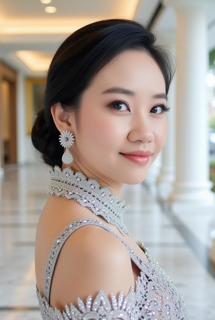 Beautiful Asian girl with, Her eyes shone like dreamy stars, glowing eyes, beautiful and detailed eyes, RAW photo,(high detailed skin:1), (realistic, photo-realistic:1.37), ultra high res, professional lighting , 8k uhd, dslr , high quality, film grain, Fujifilm XT3, RAW photo, lady, ((masterpiece)), elegant Thai lady, tied-up hair style, in a traditional luxury silver royal Thai dress, high collar top, glittering diamond embroidered cloth, fine fabric, silver smooth and shining sarong, with a fine pattern, luxurious jewelry and accessories on her body and hair, Beautiful smile, The face is beautiful, sharp and realistic, beautiful grand white elegant marble hall in the background, blurred background 