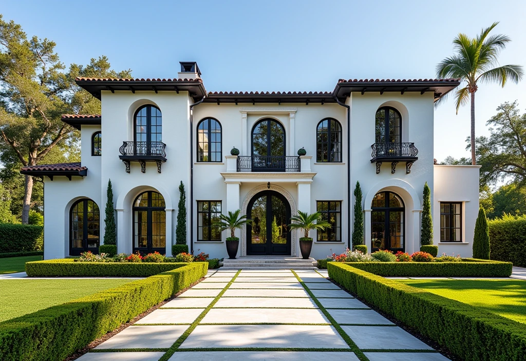 (RAW photo, masterpiece, best quality,ultra-detailed, extremely delicate and beautiful, highresolution, best shadow:1.1), A Mediterranean Italian style home with white stucco walls, black accents and windows, large front yard, vivid color, beautiful shrubs and flower, tropical tree and plants, professional photography in the style of an Italian classic home.