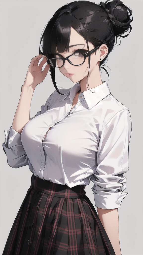 Busty black haired woman wearing a plaid button up and a black skater skirt.   Her hair is up in buns and shes wearing glasses