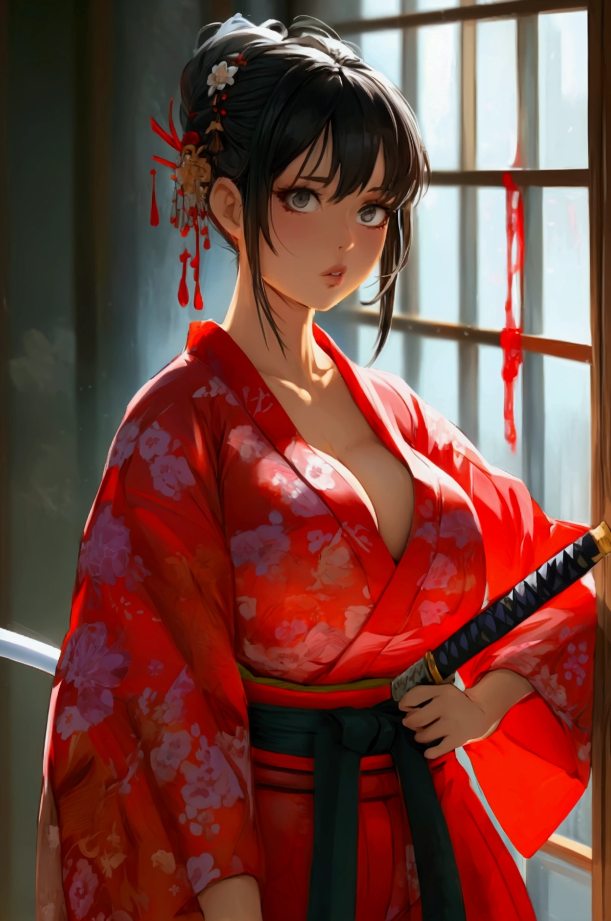 Solo,cleavage, haori, thick thighs, outstanding details, blood,big breasts , moon , kimono, parted lips, katana, standing up,huge boobs,big ass