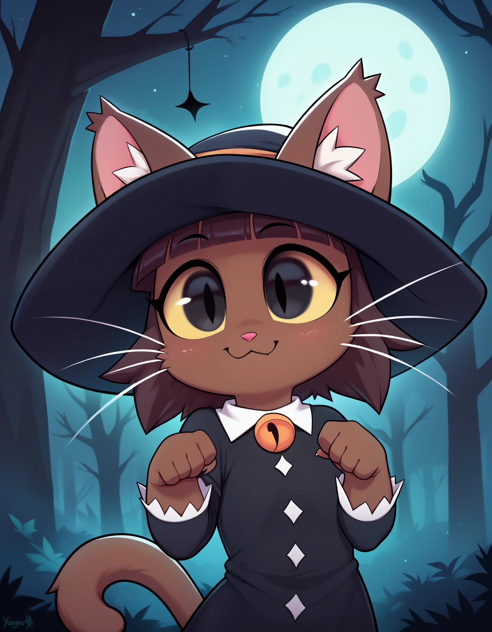 score_9, score_8_up, score_7_up, rating_ safe, solo, high detail, 4k, high resolution, Detailed background, spooky forest, night,  (Ivy pepper, blunt bangs, black eyes, yellow sclera, furry, dark skin, dark fur, anthro cat, whiskers, cute), (witch hat, witch outfit, stockings) 