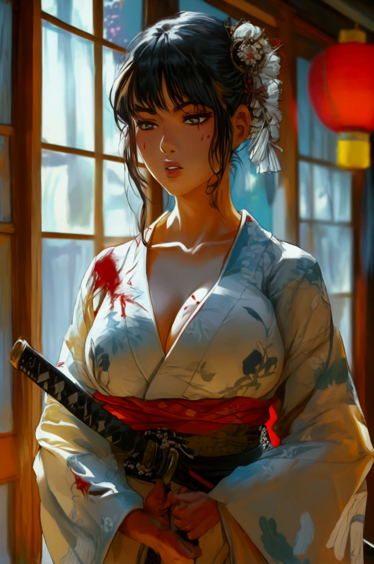 Solo,cleavage, haori, thick thighs, outstanding details, blood,big breasts , moon , kimono, parted lips, katana, standing up,huge boobs,big ass