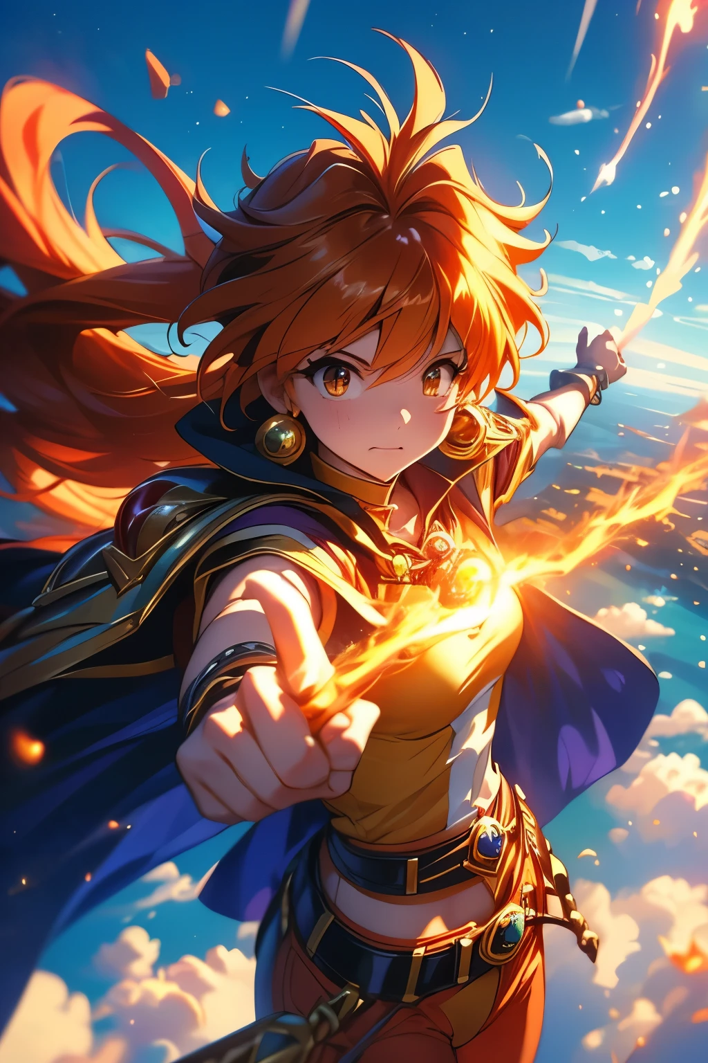 （（（ＳＦＷ、Highest quality、 first class、masterpiece、Normal body、8k、Detailed face、Ultra-precision、Normal hand、Normal finger、Masterpiece）））、 Slayers 、 Reinverse 、Lina Inverse、mage 、Orange Hair、 yellow tube top、red pants 、Black Cape、Black Gold Shoulder Strap 、 levitation、floating magic 、Aerial、Gliding、Sky、sea of clouds、blue sky、 skydiving 、 Gigaslave、Magic chant、Mighty Wrecking Magic、 The Magic of Doom That Destroys Everything、Golden Magic 