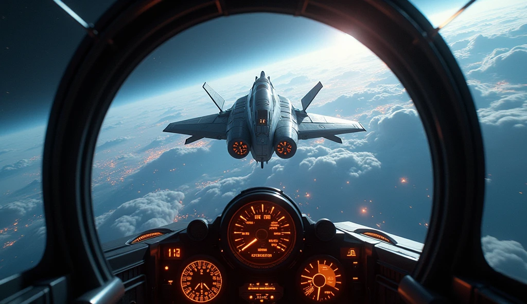 (masterpiece:1.2,Outstanding quality,Mirror finish, Cinematic Experience ),8k, wallpaper, View from Space Fighter Cockpit,( Enemy Space Fortress Seen Right in Front of You .:2.0),( space is in the background :2.0),Spectacular landscape painting,( Fighter Cockpit Pictures :2.0),dynamic、Instruments、Pilot's Perspective 