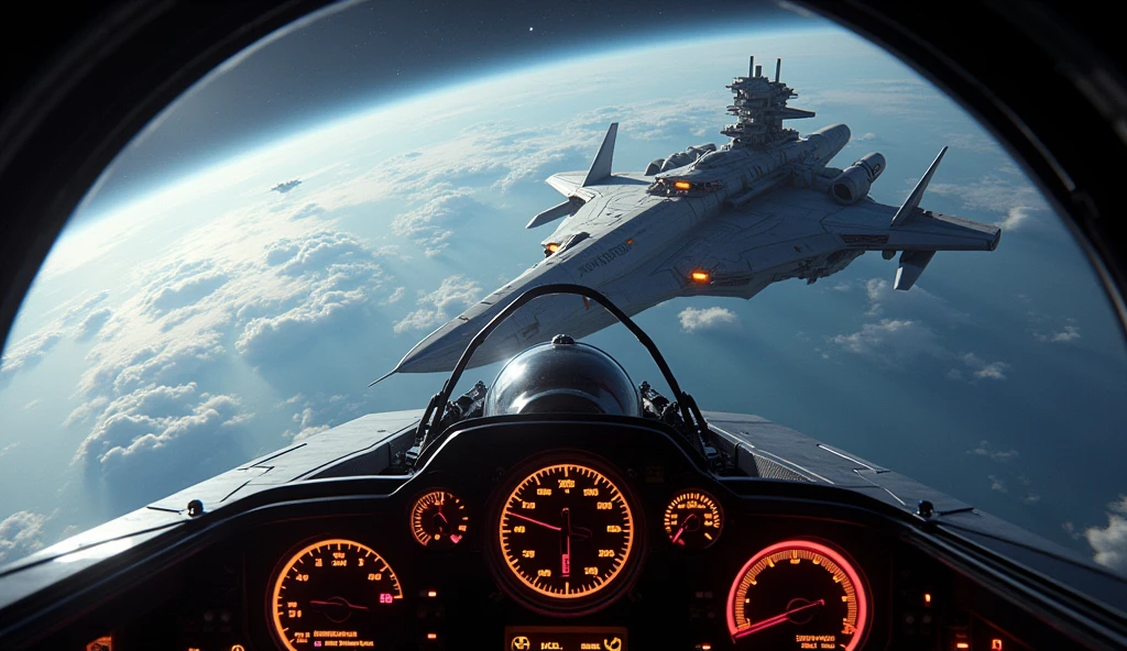 (masterpiece:1.2,Outstanding quality,Mirror finish, Cinematic Experience ),8k, wallpaper, View from Space Fighter Cockpit,( Enemy Space Fortress Seen Right in Front of You .:2.0),( space is in the background :2.0),Spectacular landscape painting,( Fighter Cockpit Pictures :2.0),dynamic、Instruments、Pilot's Perspective 