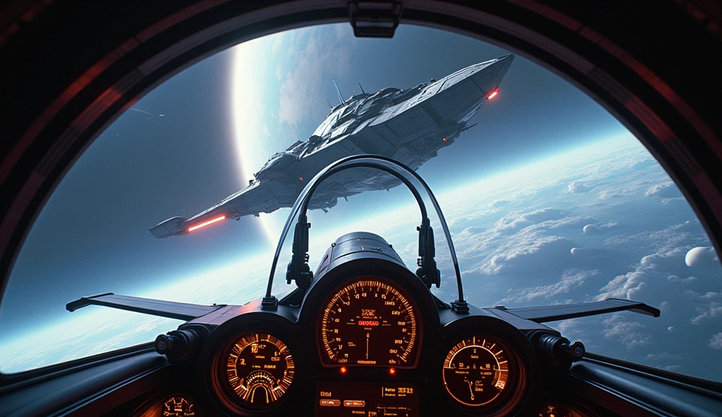 (masterpiece:1.2,Outstanding quality,Mirror finish, Cinematic Experience ),8k, wallpaper, View from Space Fighter Cockpit,( Enemy Space Fortress Seen Right in Front of You .:2.0),( space is in the background :2.0),Spectacular landscape painting,( Fighter Cockpit Pictures :2.0),dynamic、Instruments、Pilot's Perspective 