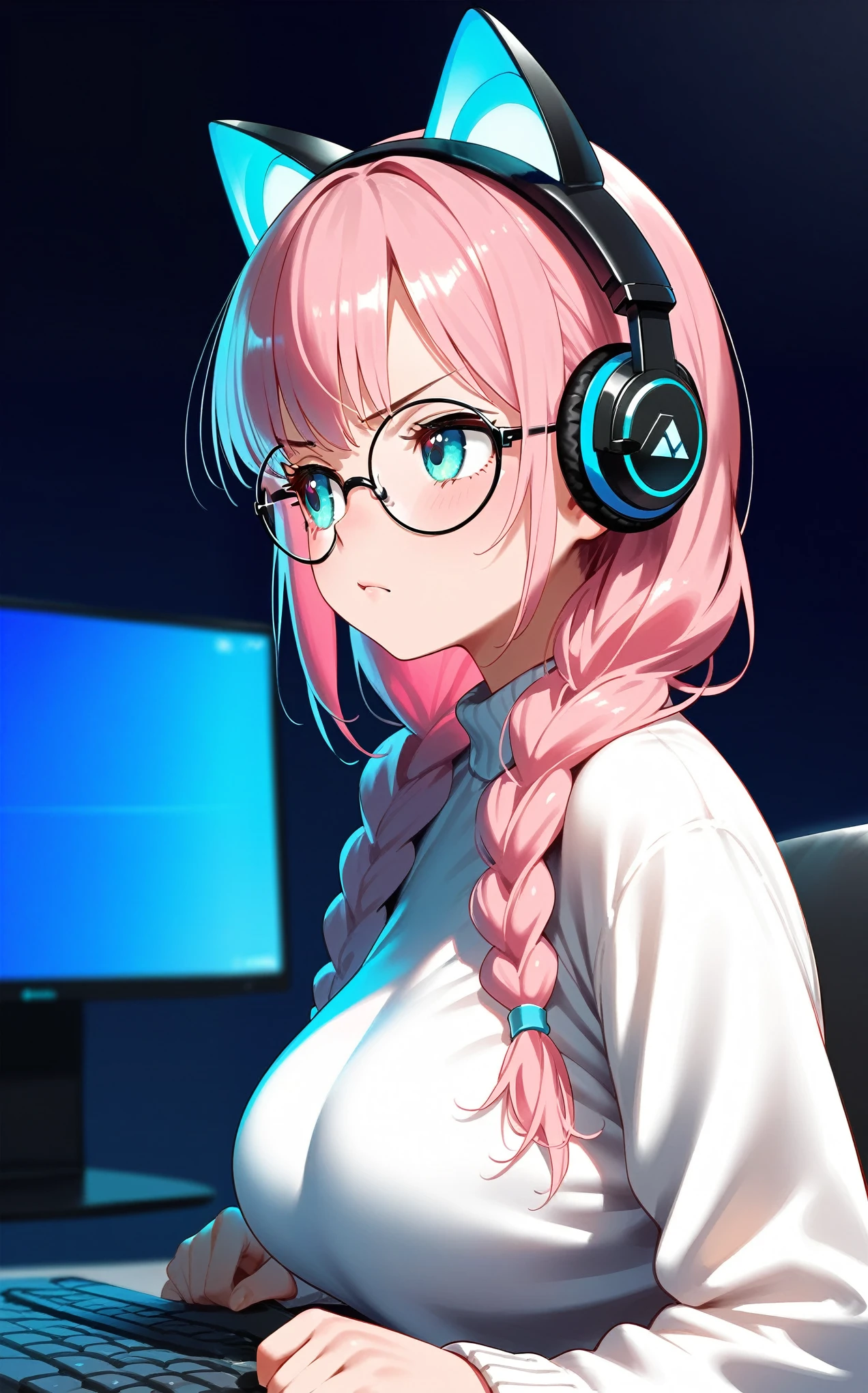 ((best quality:1.2), (ultra-detailed:1.2), (2.5D:1.2), (Anime Moe Art Style), 1girl , pink hair, Cyan eyes, gradient eyes, twin braids, blue Glowing cat ear headphones, black round glasses, large breasts,Operate computer, sweater,profile, serious,looking away, 夜