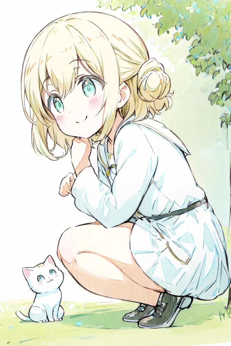 (masterpiece, best quality, hyper detailed:1.4), cute, art academia,
1girl, short, slender, fair skin, blonde medium hair, half updo, big droopy eyes, aqua eyes,
happy, smiling, looking at cat, squatting, hand on cat head, in park, from side, facing the cat,