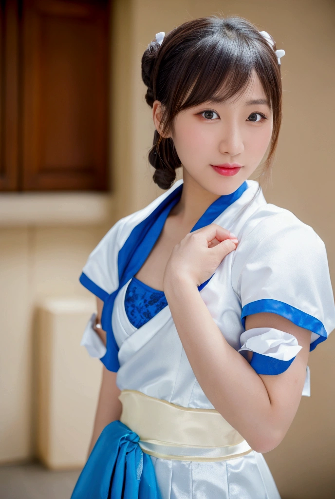 portrait of Chun-Li from Street Fighter, wearing a blue qipao-inspired outfit with white accents, traditional Chinese style buns hairstyle, strong and confident expression, realistic cosplay, soft lighting, detailed background with draped fabric, ultra-realistic skin texture, Canon EOS R5, 85mm lens, photorealistic --style raw --s 400 --ar 4:3 --v 6