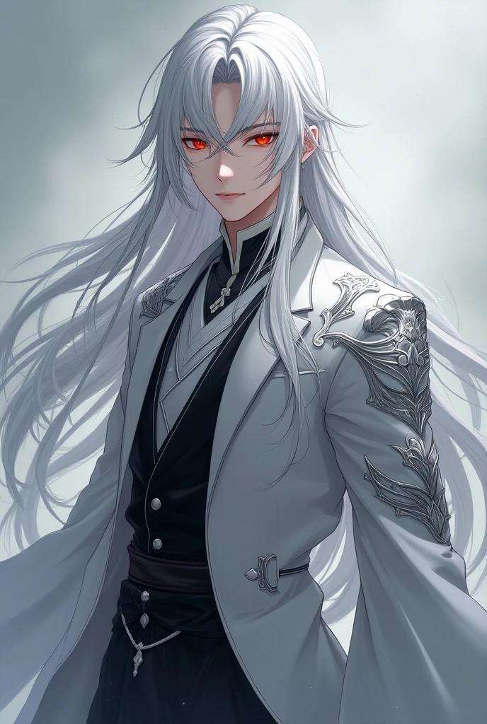  Full body image, handsome protagonist xianxia,long white hair dark  red crimson eyes((make eyes like reality)),calm and cool aura,using white and black combination clothes,with  silver pattern on clothes,better quality, masterpiece ultra realistic,24K ultra hd 