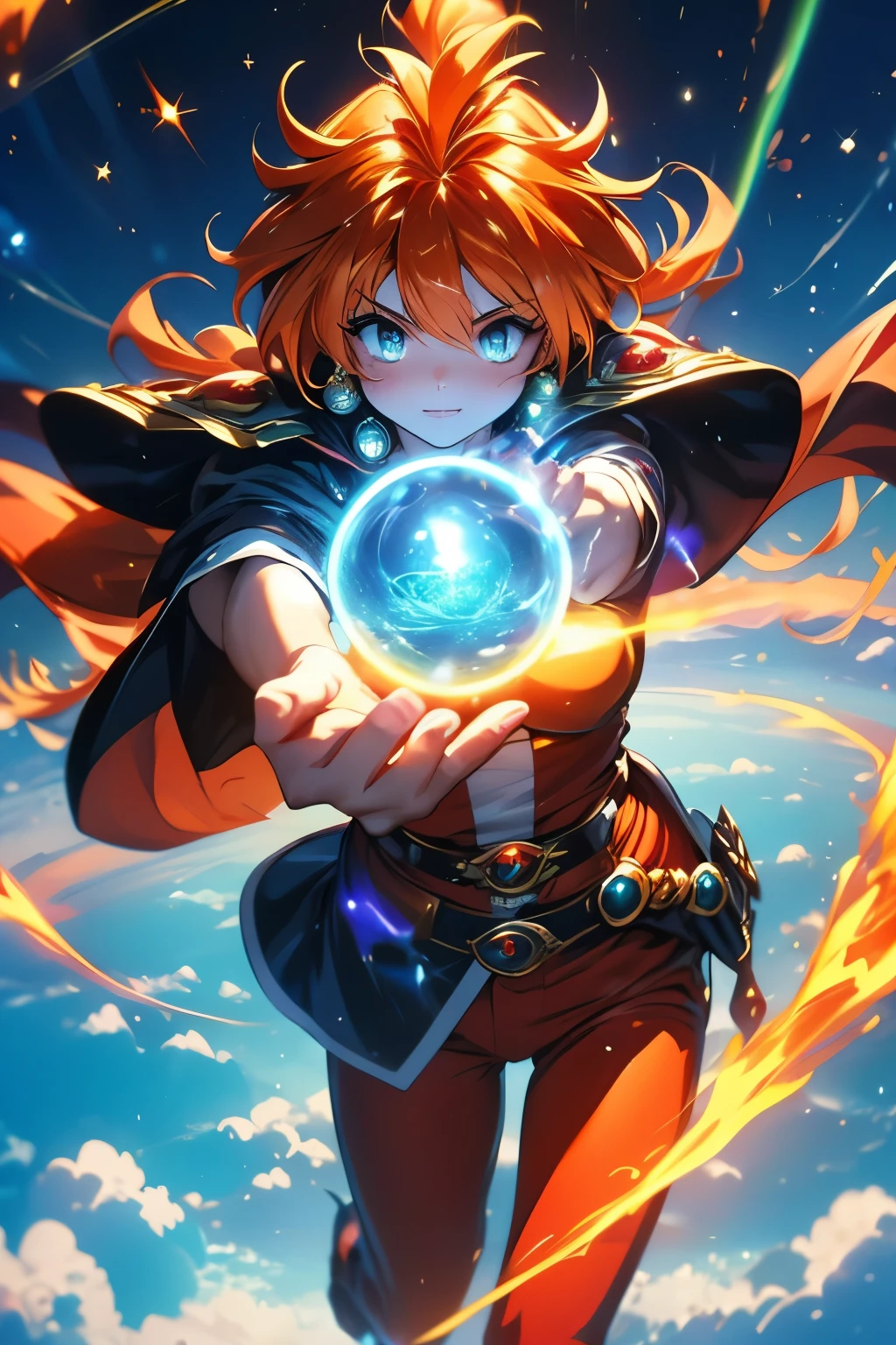 （（（ＳＦＷ、Highest quality、 first class、masterpiece、Normal body、8k、Detailed face、Ultra-precision、Normal hand、Normal finger、Masterpiece）））、 Slayers 、 Reinverse 、Lina Inverse、mage 、Orange Hair、 yellow tube top、red pants 、Black Cape、Black Gold Shoulder Strap 、 levitation、floating magic 、Aerial、Gliding、Sky、sea of clouds、blue sky、 Skydiving 、 Gigaslave、Super Gravity Magic 、Magic chant、Mighty Wrecking Magic、 The Magic of Doom That Destroys Everything、Golden Magic 、 Lord of Nightmares