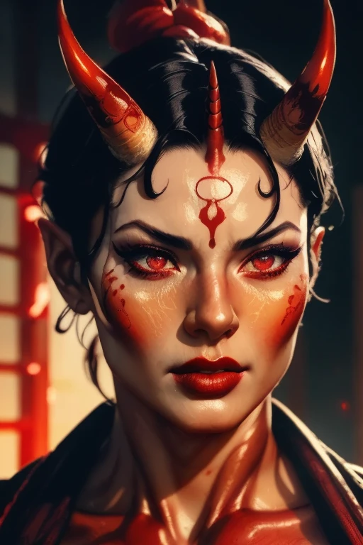 a muscular oni demon girl with only one horn on her forehead, beautiful detailed eyes, beautiful detailed lips, extremely detailed face, long eyelashes, horns, red skin, japanese style, digital painting, octane render, cinematic lighting, dark fantasy, dramatic lighting, rich color palette, highly detailed, 8k, photorealistic